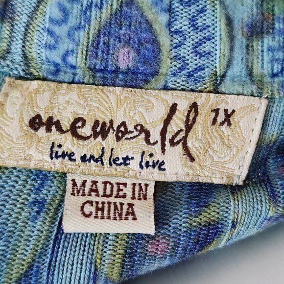 One World Sweater Womens Plus Size 1X Blue Green Pleated Ribbed Boho Artsy Soft - Picture 6 of 8